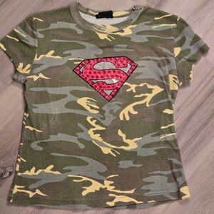 DC Comics Green Camo Crop Top with Pink Rhinestone Superman Logo